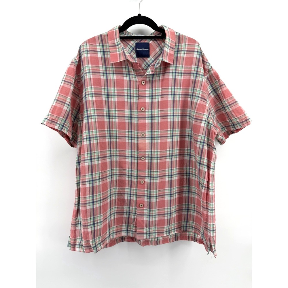 Tommy Bahama Linen Shirt Men 2XL Pink Plaid Resort Beach Casual Preppy Summer